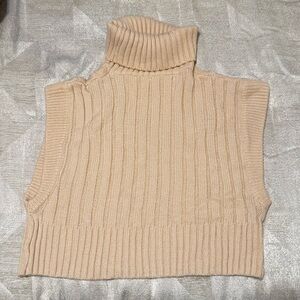 Beige Ribbed Turtleneck Sweater Vest